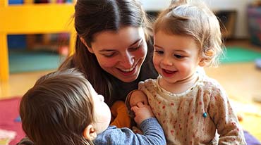 Small photo of a young nanny playing with two children